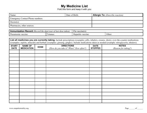 My Medicine List - Northfield Hospital