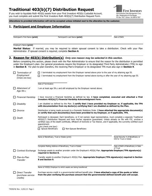 Traditional 403(b)(7) Distribution Request - First Investors