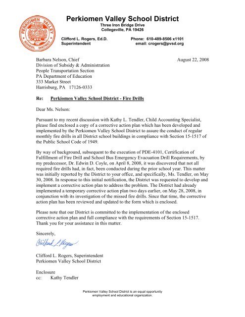 Letter to PDE and PVSD Regulations re Fire Drills 8-2008.pdf