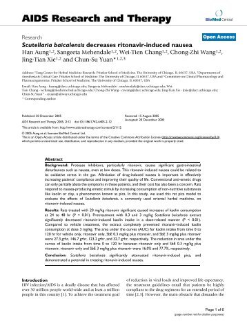 Scutellaria baicalensis decreases ritonavir-induced nausea