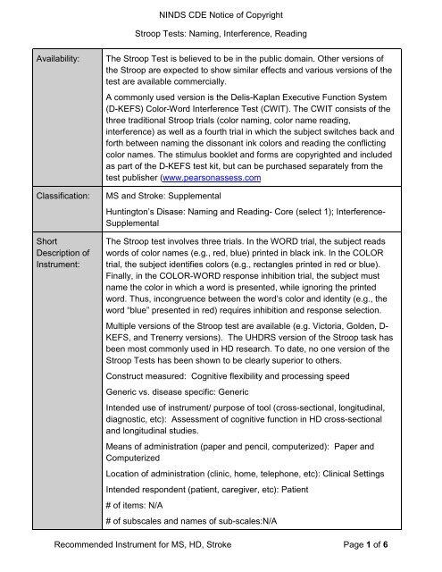 NOC - NINDS Common Data Elements