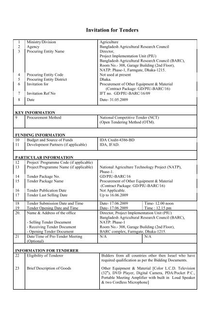 Invitation for Tenders - Bangladesh Agricultural Research Council