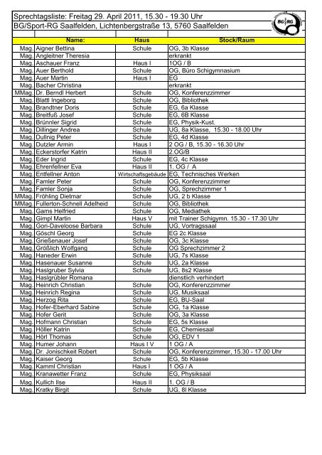 Sprechtagsliste: Freitag 29. April 2011, 15.30 - 19.30 Uhr BG/Sport ...