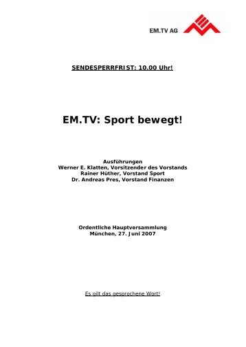 EM.TV: Sport bewegt! - Constantin Medien AG