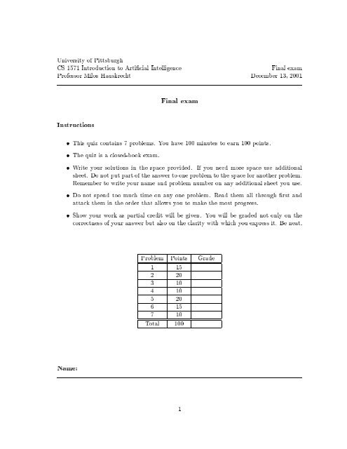 University Of Pittsburgh Cs 1571 Introduction To Artificial Intelligence