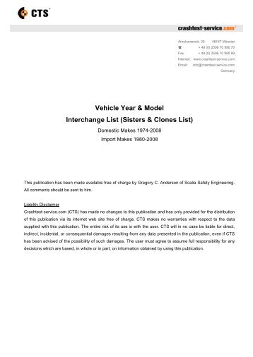 Vehicle Year & Model Interchange List (Sisters & Clones List)