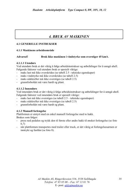 instruksjonsbok og vedlikeholdsmanual for haulotte ... - AJ Maskin AS