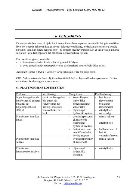 instruksjonsbok og vedlikeholdsmanual for haulotte ... - AJ Maskin AS