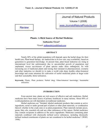 Plants: A Rich Source of Herbal Medicine - Journal of Natural Products