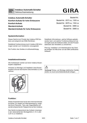 Instabus Automatik-Schalter Gebrauchsanweisung - Gira