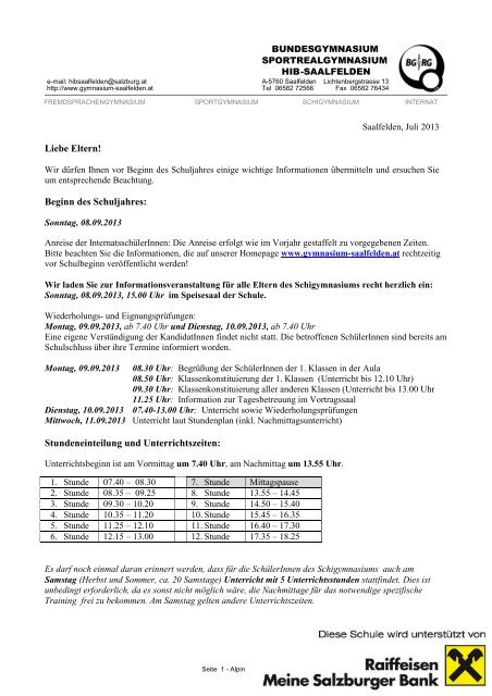 Elternbrief (Schigymnasium alpin-freestyle) Nr. 1 (pdf) - HIB Saalfelden