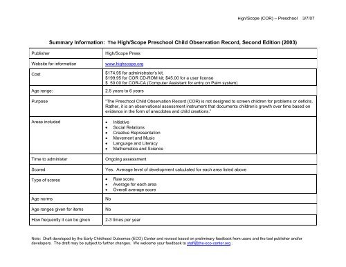 High/Scope Preschool COR - FPG Child Development Institute