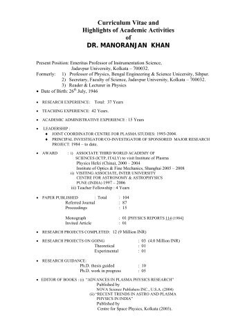 of DR. MANORANJAN KHAN - Jadavpur University
