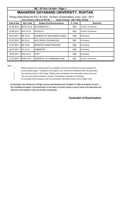 Date-sheet of B.Tech. 1st, 3rd & 5th Sem. - MDU, Rohtak