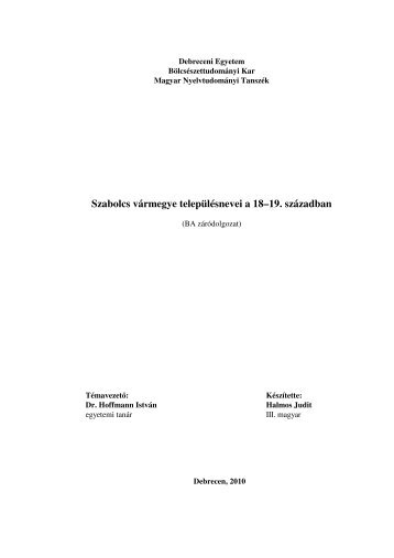 Szabolcs vÃ¡rmegye telepÃ¼lÃ©snevei a 18â19. szÃ¡zadban - Magyar ...
