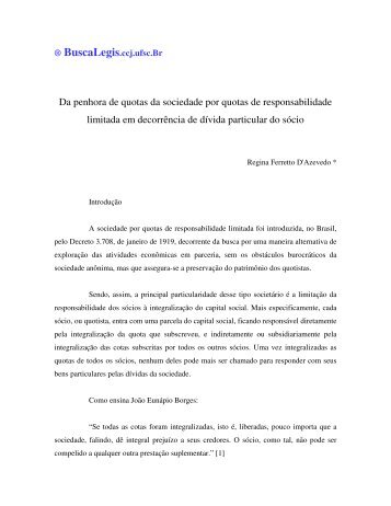 Da penhora de quotas da sociedade por quotas de ... - BuscaLegis