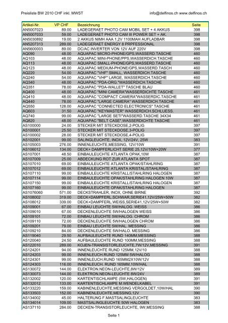 Preisliste BW 2010 CHF inkl. MWST info@delfinos.ch www.delfinos