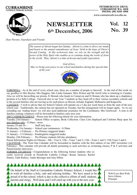 Newsletters, 2006 T4W8 - Currambine Catholic Primary School