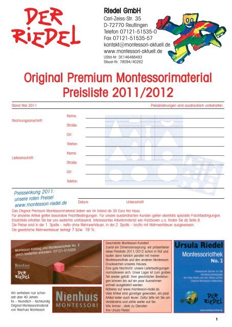 Original Premium Montessorimaterial Preisliste 2011  - Riedel GmbH