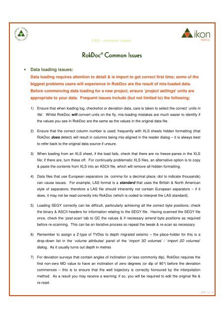 RokDocÂ® Common Issues Common Issues - Ikon Science