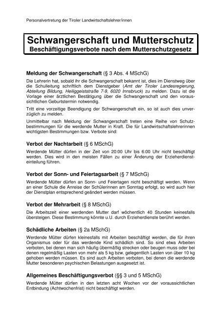 Schwangerschaft und Mutterschutz - Landwirtschaftslehrer