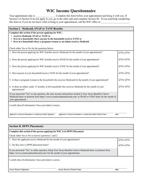 WIC Income Questionnaire - Texas Department of State Health ...