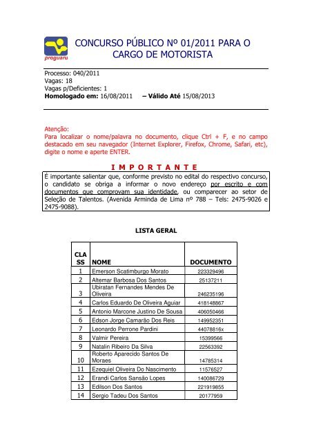 PROGUARU Resultado da Prova Objetiva do Concurso 01/2011 A