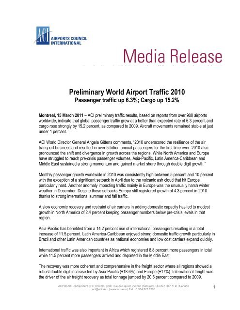 Preliminary World Airport Traffic 2010 - ACI