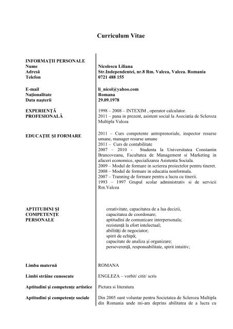 Model de Curriculum Vitae - Societatea de Scleroza Multipla din ...