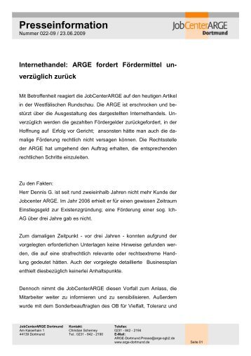 Internethandel: ARGE fordert FÃ¶rdermittel un - Jobcenter Dortmund