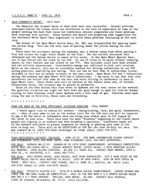 I.C.S.C.C. MEMO #7 - JUNE 11, 1979 PAGE 1 RACE STEWARD'S ...