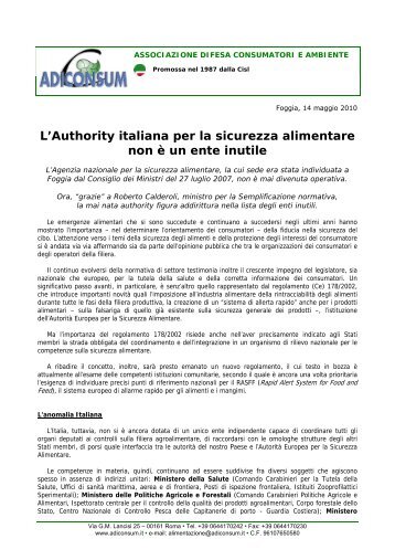 L'Authority italiana per la sicurezza alimentare non Ã¨ un ente inutile