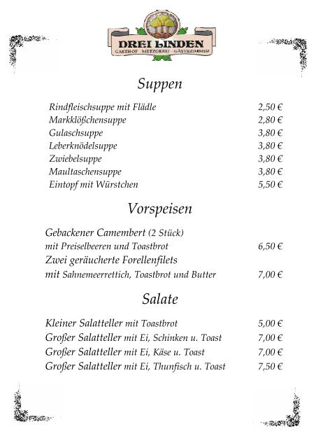 Grosse Speisekarte Gasthof Drei Linden Fulda