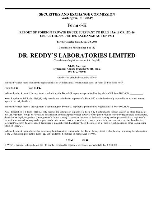 Form 6-K - Dr. Reddy's