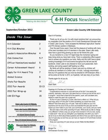 GREEN LAKE COUNTY 4-H Focus Newsleter