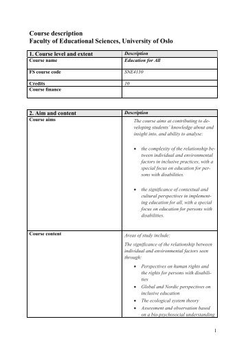 Course description Faculty of Educational Sciences, University of Oslo