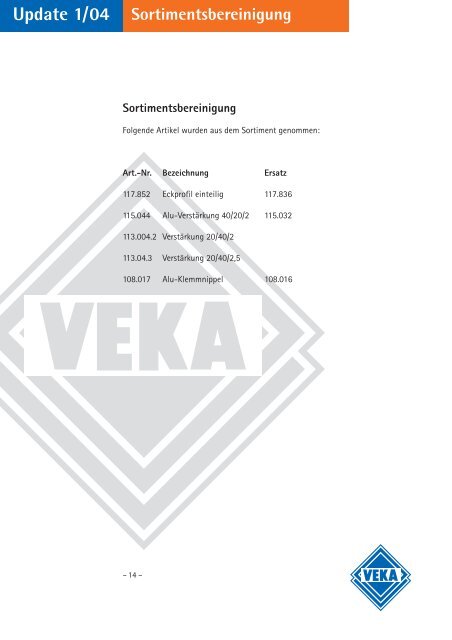 Update 1/04 Profilsortiment - Veka