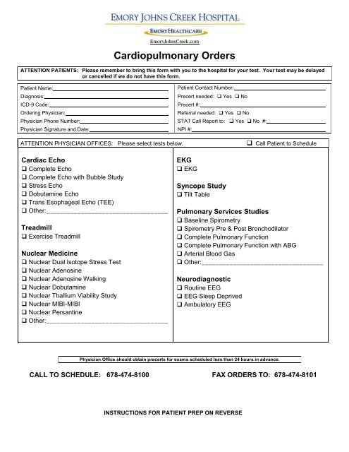 Cardiopulmonary Orders - Emory Johns Creek Hospital