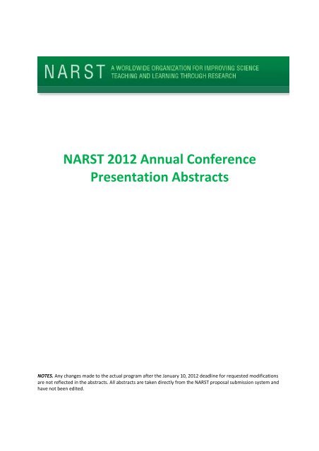2012 NARST Abstracts - National Association for Research in ...