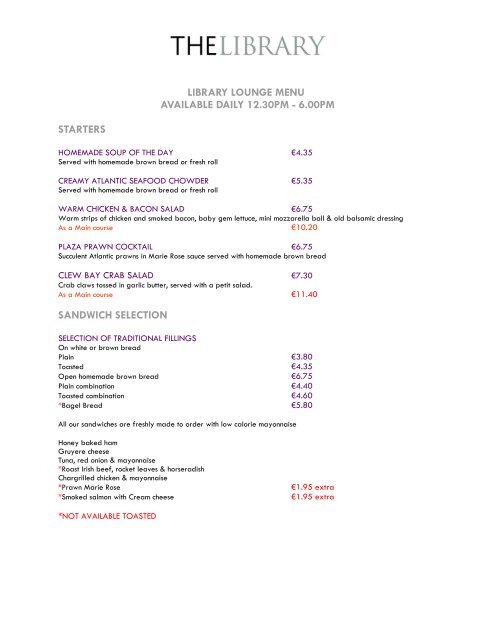Sample Menu - Westport Plaza Hotel