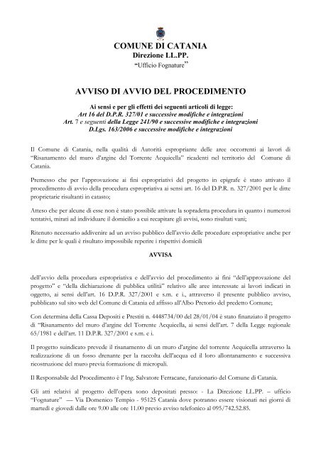 COMUNE DI CATANIA AVVISO DI AVVIO DEL PROCEDIMENTO