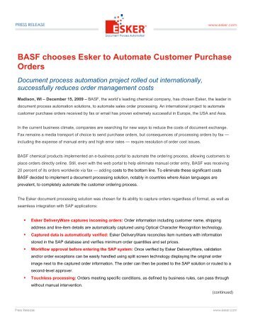 BASF chooses Esker to Automate Customer Purchase Orders