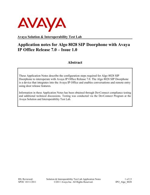 Application Notes For Algo 8028 Sip Doorphone With Avaya Ip Office