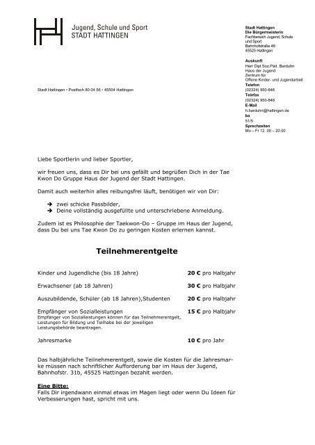 Stadt Hattingen Postfach 80 04 56 45504 Haus Der Jugend