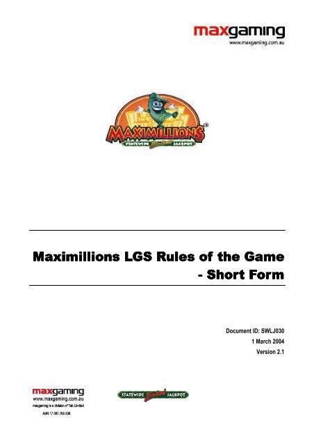 SWLJ030 Maximillions Rules - Short Form - maxgaming nsw