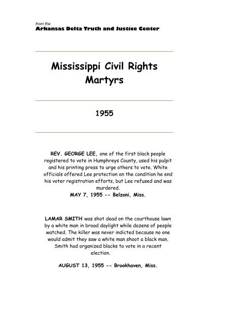 Mississippi Civil Rights Martyrs - Syracuse University College of Law