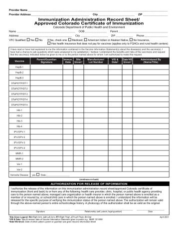 Immunization Administration Record Sheet/ Approved Colorado ...