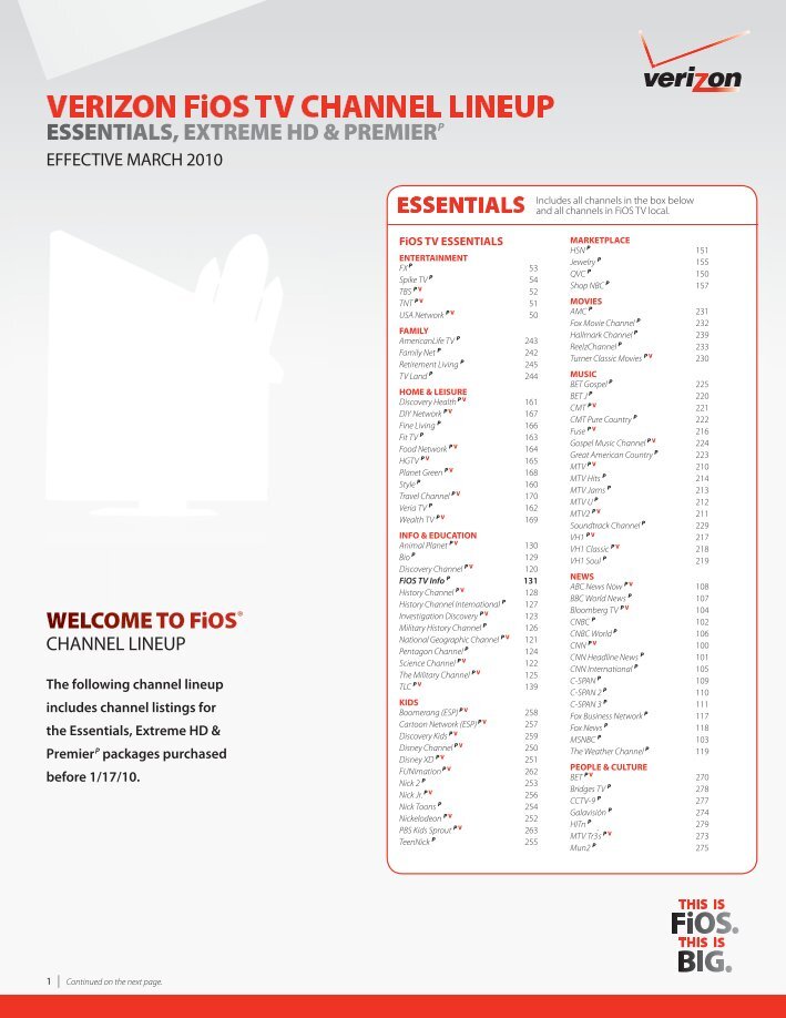 VERIZON FiOS CHANNEL LINEUP