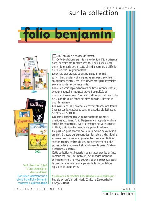 FICHE COLLECTION Folio Benj - Cercle Gallimard de l'enseignement