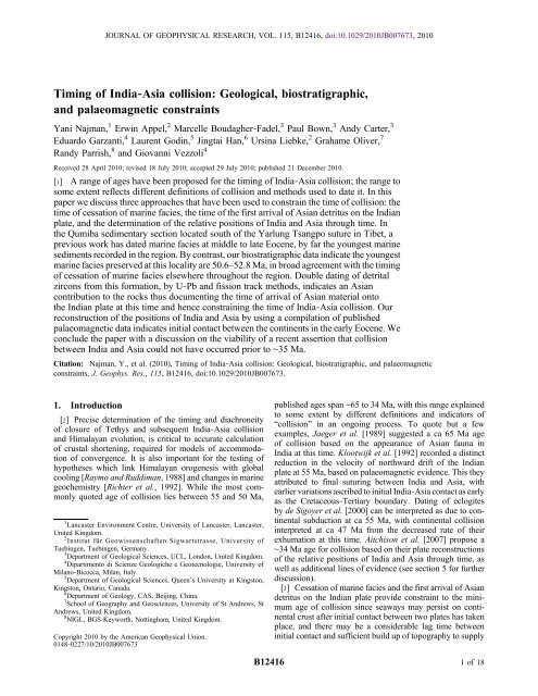 Timing of IndiaâAsia collision: Geological, biostratigraphic, and ...